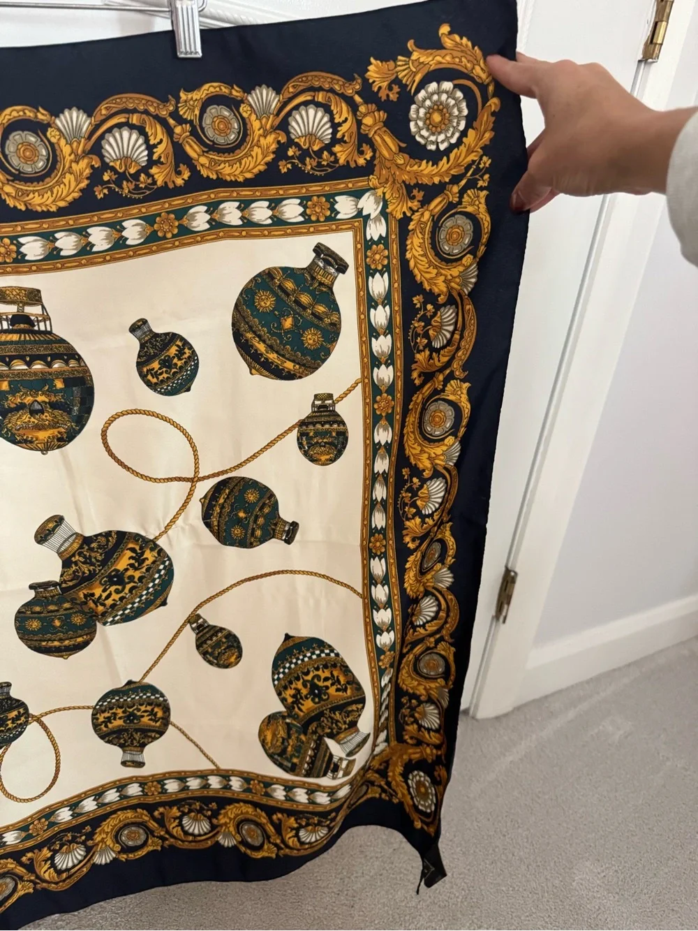 The Art of the Scarf by - Navy & Gold Silk Scarf